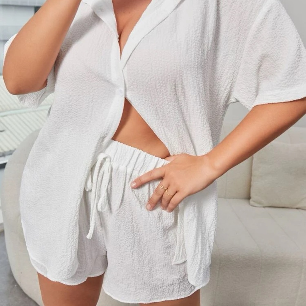 2 piece coord set shorts & button up short sleeve top textured boho white